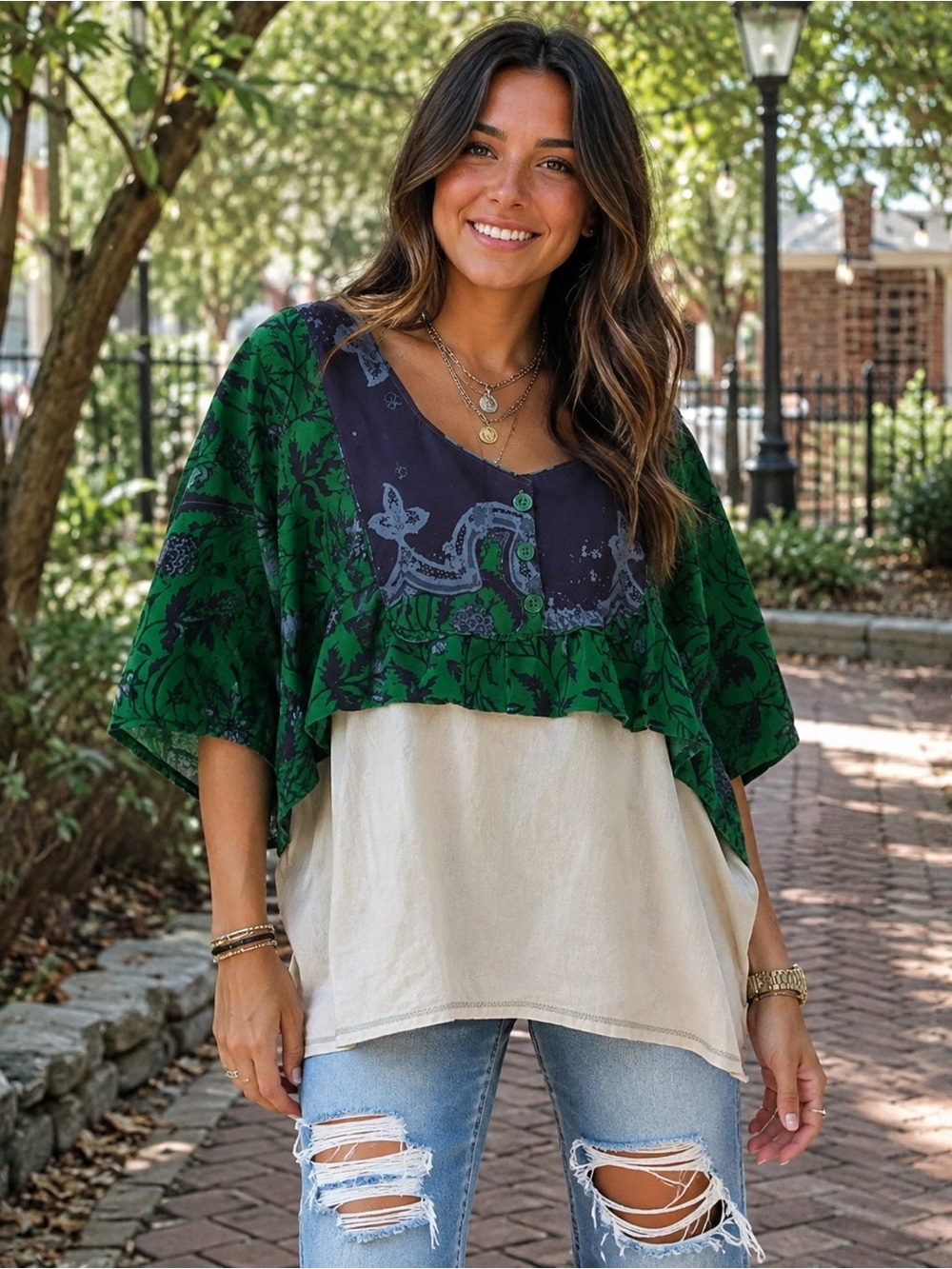 Bohemian Green Floral Layered V-Neck Women’s Top